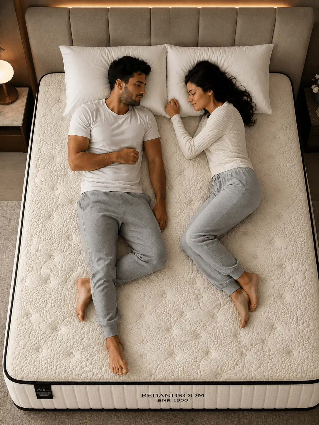 Casal deitado sobre um colchão BEDANDROOM, visto de cima